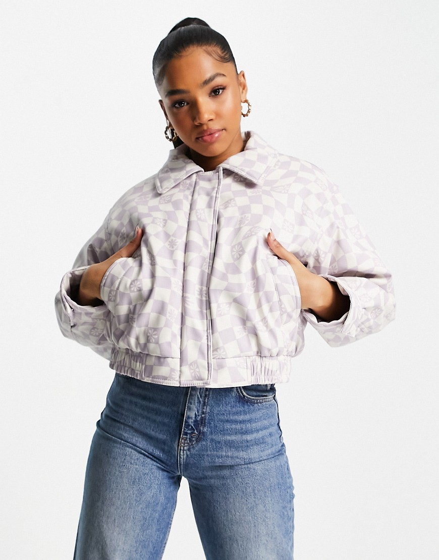 ASOS DESIGN printed faux leather bomber jacket in lilac-Purple