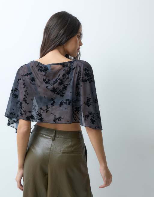 ASOS DESIGN printed flock cape top in navy, 4 of 5