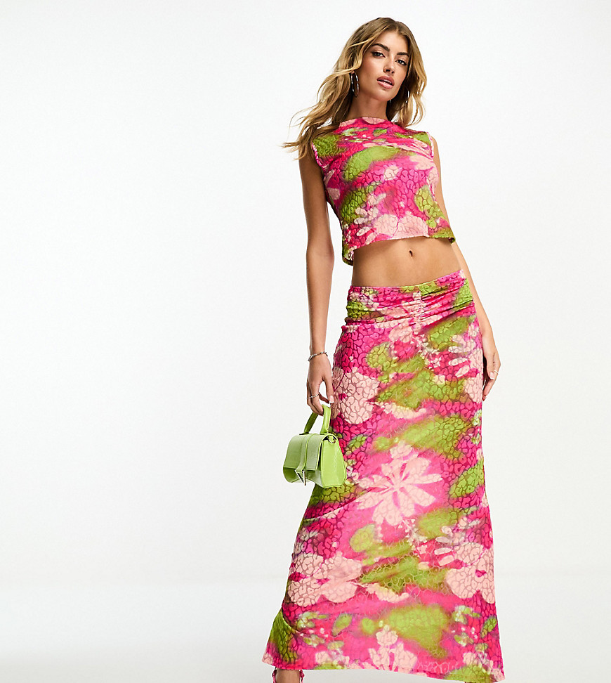 ASOS DESIGN printed floral burn out ruched front maxi skirt co-ord in pink