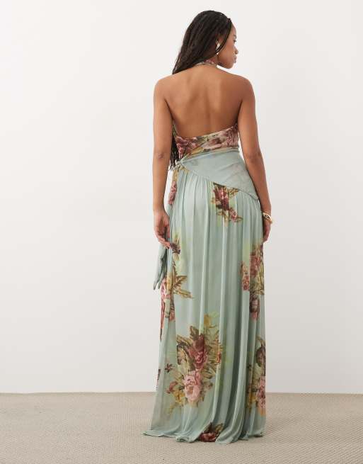 ASOS DESIGN printed floral knotted halter maxi dress with sash detail in blue, 4 of 4
