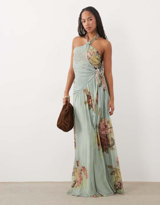 floral halter neck dress Fleur Marina Mesh Maxi in Taupe/Blue An Asymmetric High Round Neckline With Gathered Pleat Detail Floral-print halter-neck dress - Women