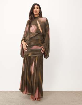 Asos Design Printed Floral Mesh Blouson Maxi Dress With Cut Out In Brown