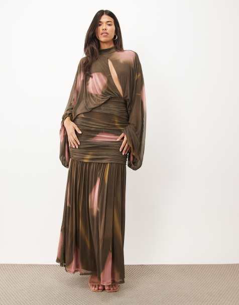 ASOS DESIGN printed floral mesh blouson maxi dress with cut out in brown - view 1