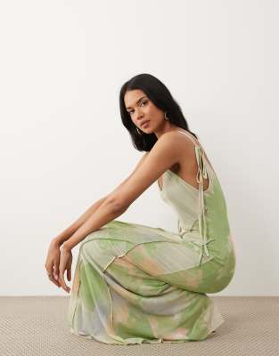 Asos Design Printed Floral Mesh Deep Scoop Exposed Seam Maxi Dress With Low Back In Brown