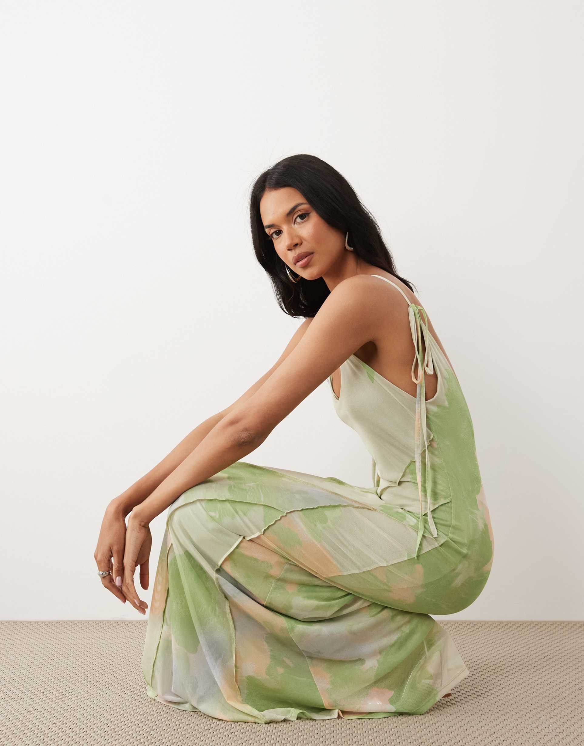 asos design printed floral mesh deep scoop exposed seam maxi dress with low back in sage