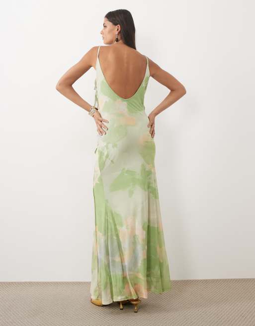 ASOS DESIGN printed floral mesh deep scoop exposed seam maxi dress with low back in sage, 3 of 4