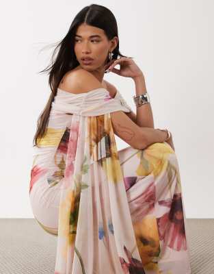 Asos Design Printed Floral Mesh Maxi Dress With Folded Off Shoulder And Sash Detail In Pink