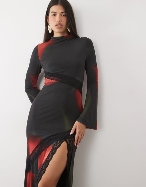 asos black dresses DESIGN printed floral mesh maxi mesh with spliced lace trim and flute sleeves dress in Material:Silk Radzimir