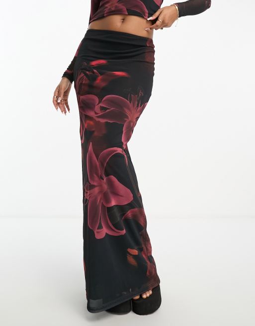 Rose Print Mesh Bandeau & Maxi Skirt