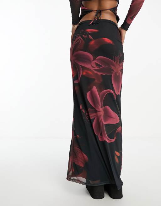 ASOS DESIGN printed floral mesh maxi skirt