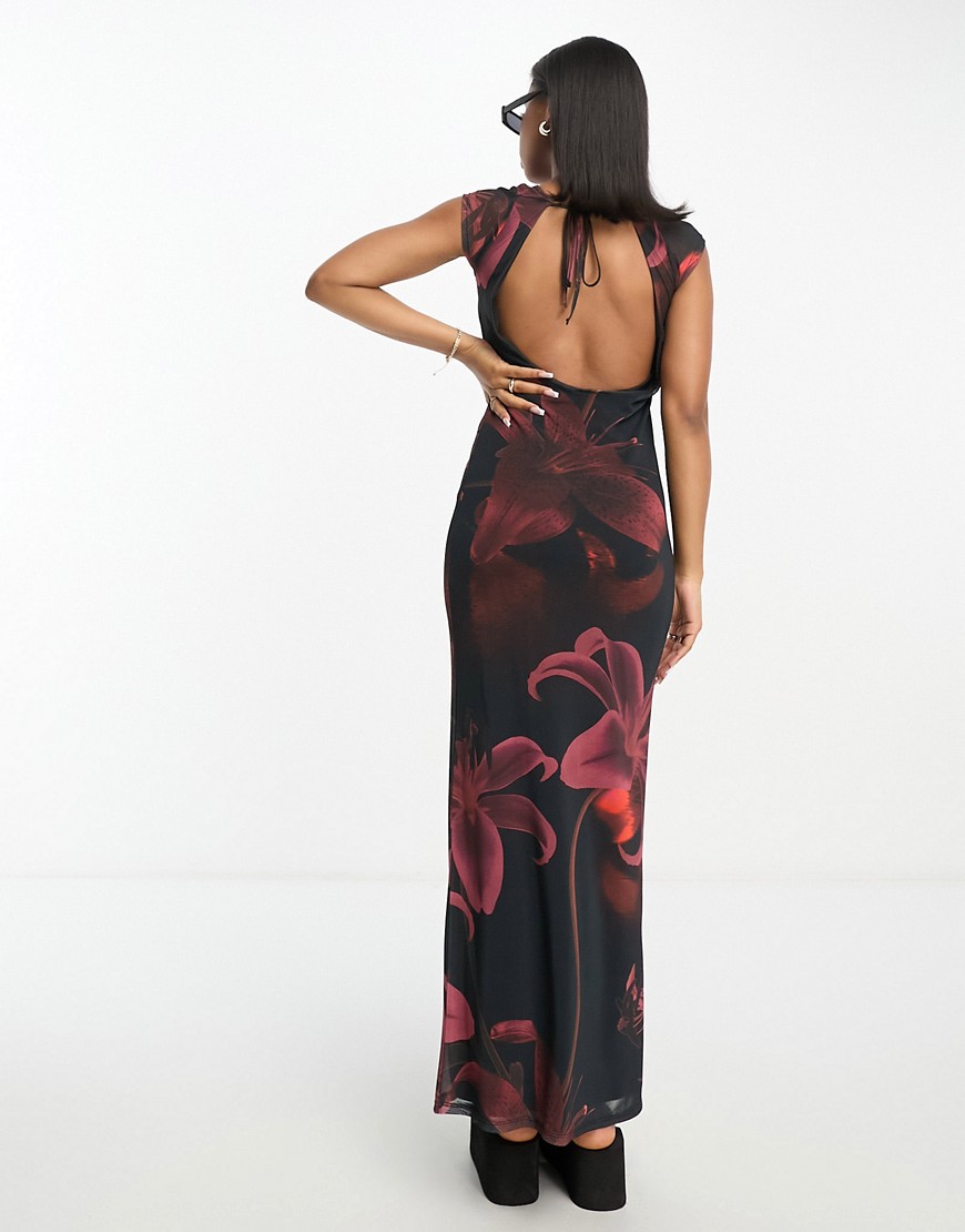 ASOS DESIGN printed floral mesh slash neck maxi dress-Multi