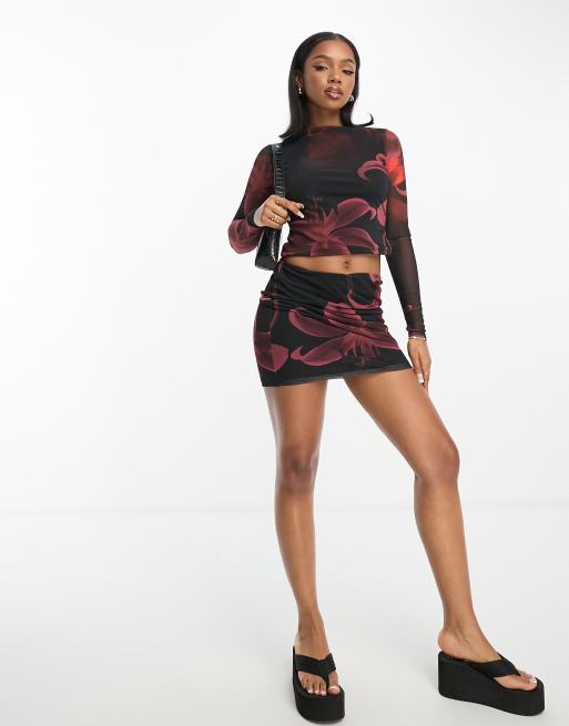 ASOS DESIGN printed floral mesh slash neck top co ord with back cut out |  ASOS