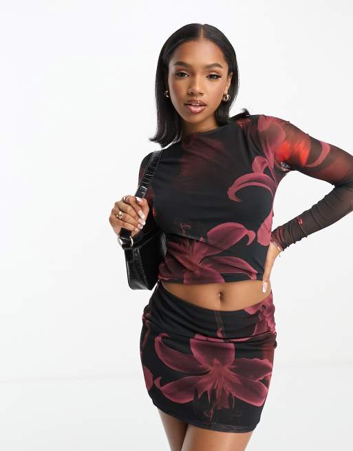 ASOS DESIGN printed floral mesh slash neck top with back cut out - part of a set