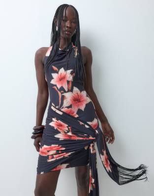 Asos Design Printed Floral Slinky High Neck Cowl Mini Dress With Fringe Sash In Black