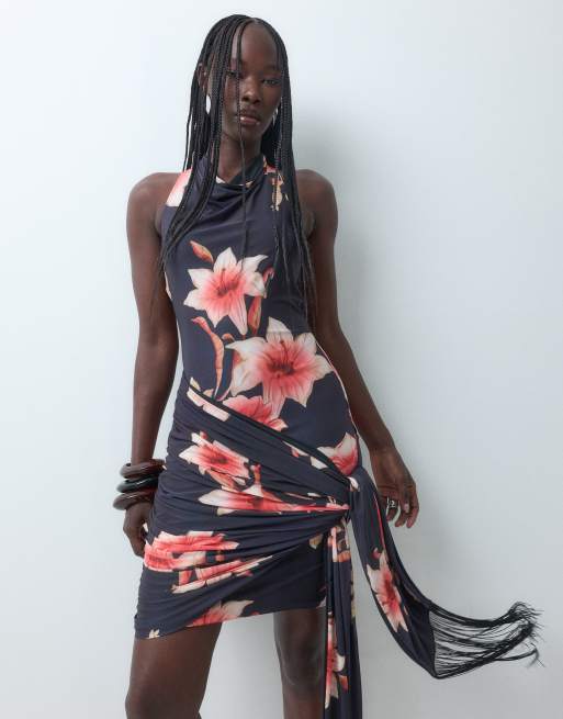 high neck black floral mini dress ASOS DESIGN printed slinky cowl with fringe sash in Size:J14