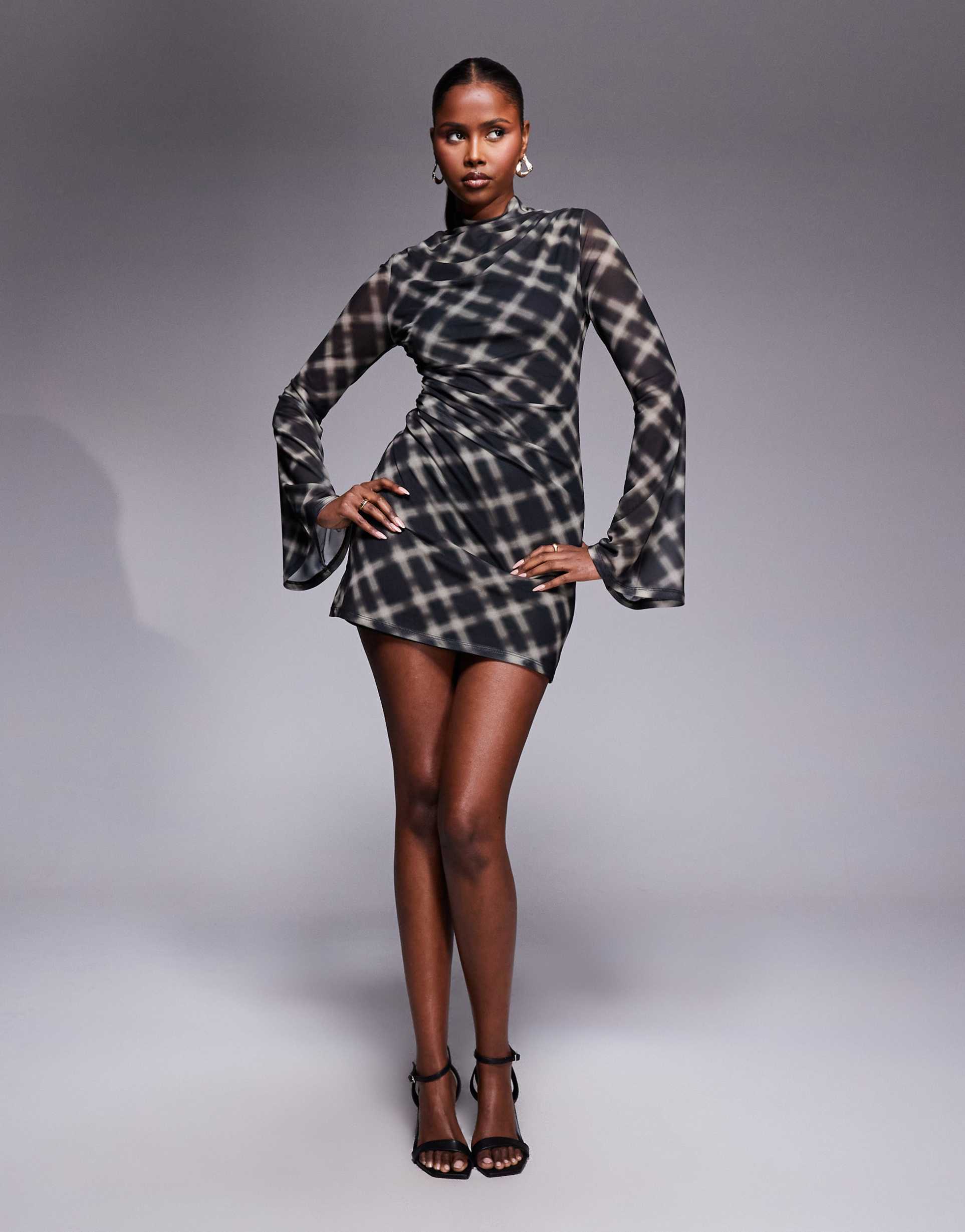 asos design printed flute sleeve mini dress with grown on neck in multi