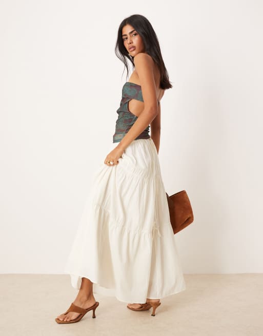 ASOS DESIGN printed gauzy mesh paisley cowl top and skirt co ord in brown