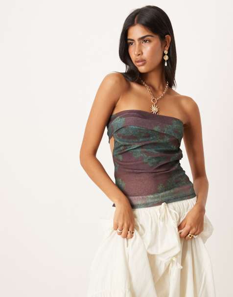 ASOS DESIGN printed gauzy mesh paisley cowl top co ord in brown - view 1