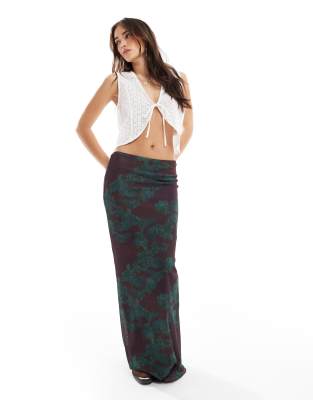 printed gauzy sheer mesh paisley low rise maxi skirt in brown - part of a set