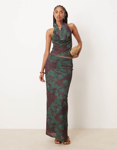 ASOS DESIGN printed gauzy sheer mesh paisley maxi low rise skirt co ord in brown