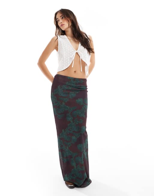 ASOS DESIGN printed gauzy sheer mesh paisley low rise maxi skirt in brown - part of a set
