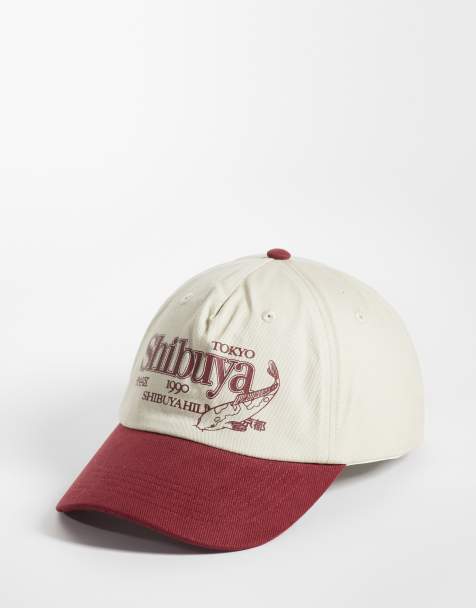 ASOS DESIGN printed graphic contrast peak cap in washed burgundy - view 1