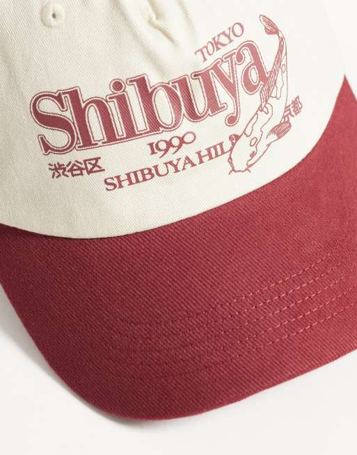 ASOS DESIGN printed graphic contrast peak cap in washed burgundy, 3 of 3