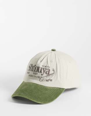 Asos Design Printed Graphic Contrast Peak Cap In Green