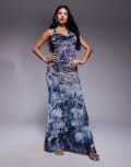 [ASOS DESIGN] ASOS DESIGN printed halter maxi dress with trim detail in blue wave-Multi 12 Wave print