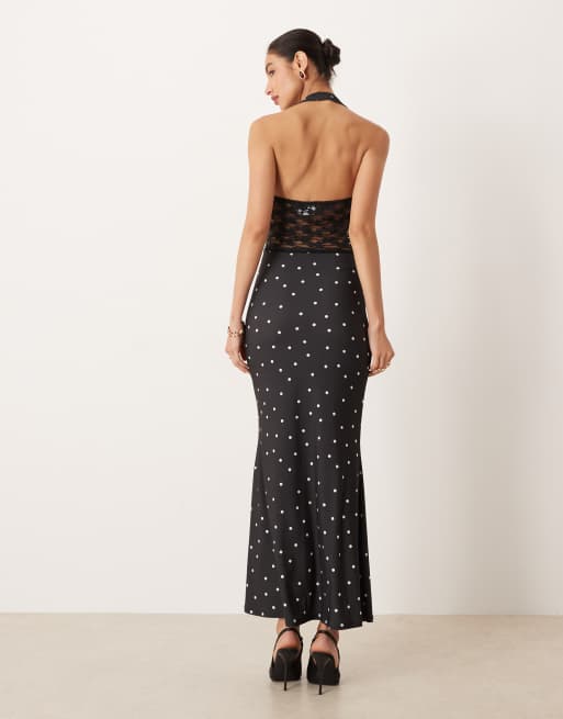 ASOS DESIGN printed halter neck maxi dress with lace insert in polka dot, 2 of 4