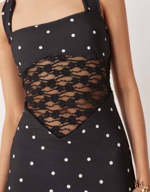 ASOS DESIGN printed halter neck maxi dress with lace insert in polka dot, 3 of 4