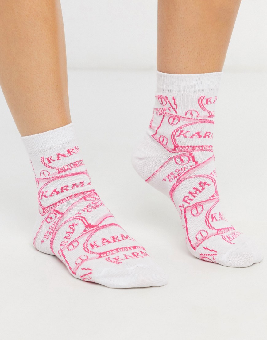 ASOS DESIGN printed karma sock in white and pink