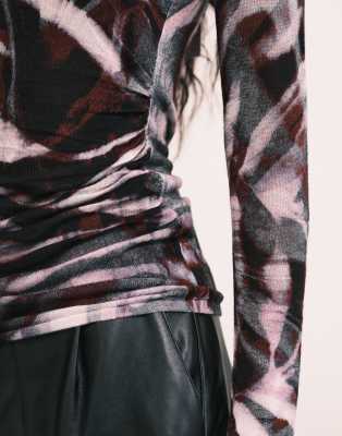 Asos Design Printed Knit Soft Touch Ruched Side Top In Animal Print