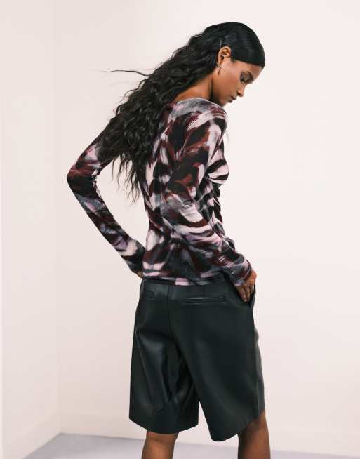 ASOS DESIGN printed knit soft touch ruched side top in multi