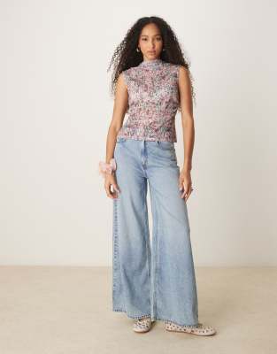 Asos Design Printed Lace Gathered Side Grown On Neck Sheer Tank In Pink