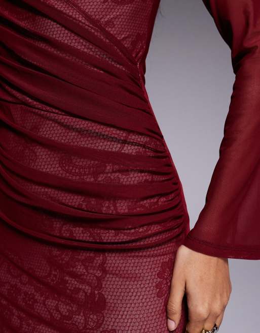 ASOS DESIGN printed lace-lined maxi dress with wrap-over bardot neckline and long sleeves, 2 of 4