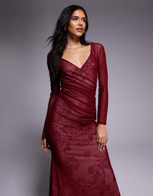 ASOS DESIGN printed lace-lined maxi dress with wrap-over bardot neckline and long sleeves, 3 of 4
