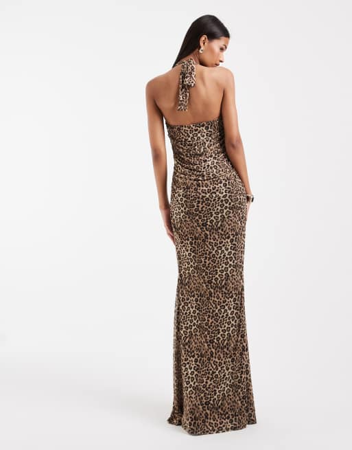 ASOS DESIGN printed leopard mesh dress with sweetheart halter neckline in brown, 4 of 4