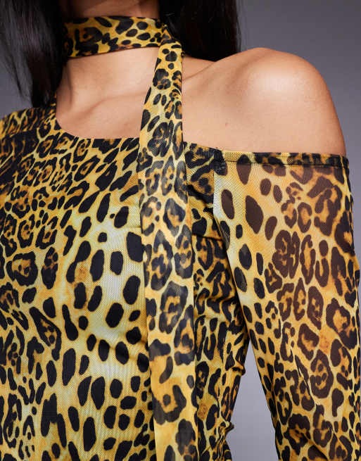 ASOS DESIGN printed leopard mesh scarf detail asymmetric top in multi, 3 of 4