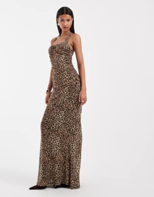 Asos Design Printed Leopard Mesh With Sweetheart Halter Neckline In Animal Print