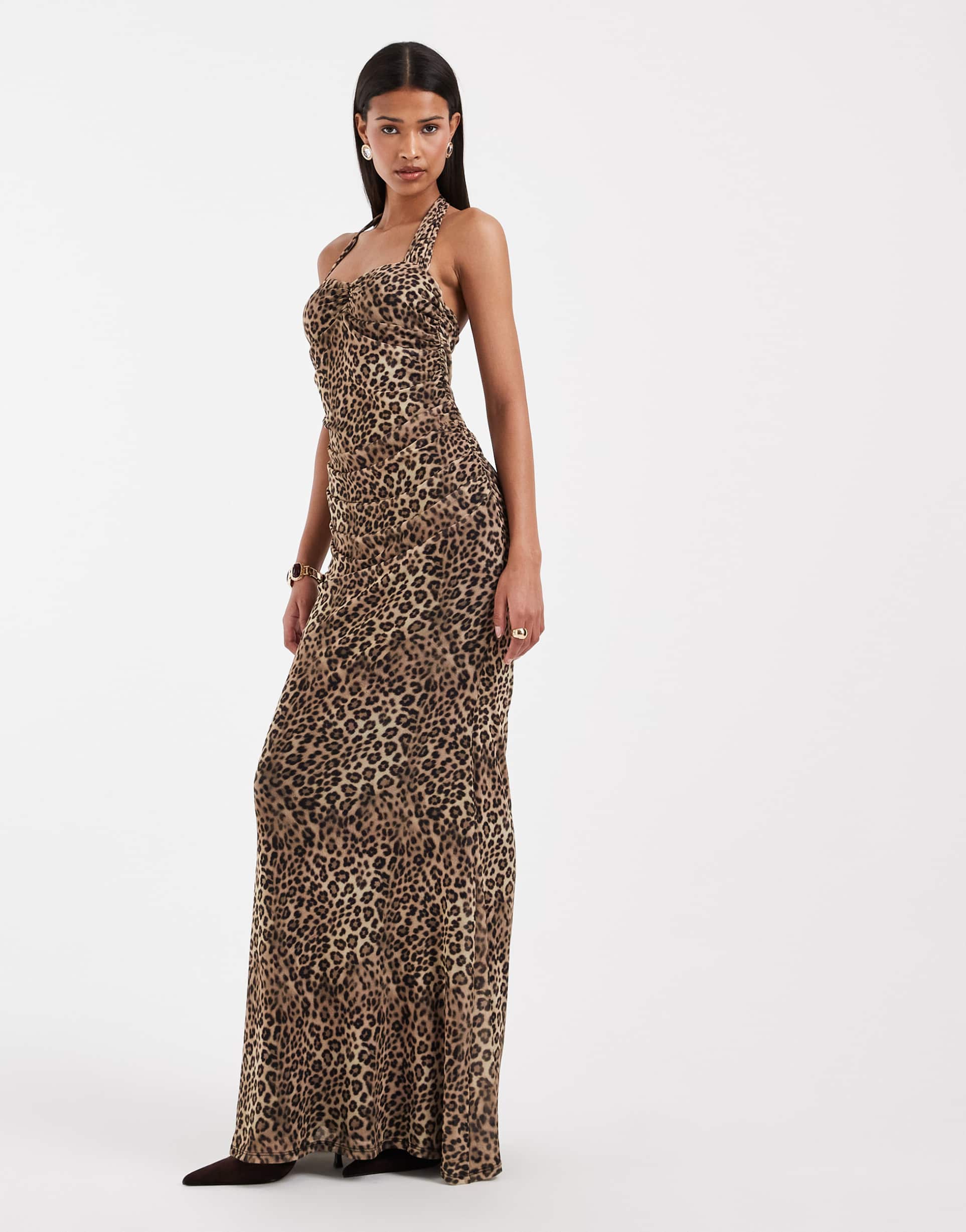 asos design printed leopard mesh with sweetheart halter neckline in brown