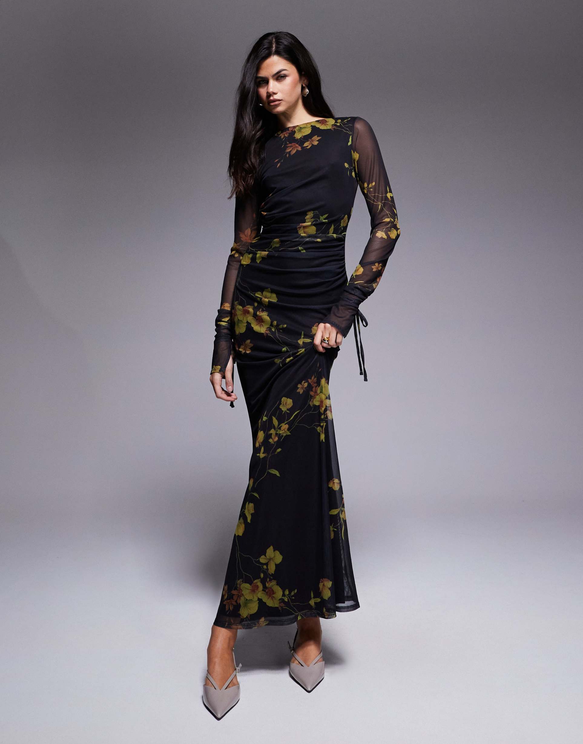 asos design printed long sleeve strap detail dress in floral print