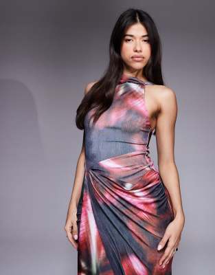 Asos Design Printed Maxi Dress With Drape In Multi