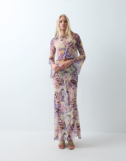 ASOS DESIGN printed mesh angel sleeve button up top in fruit print -part of a set, 3 of 5
