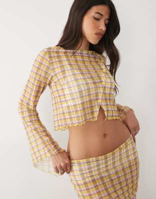 Asos Design Printed Mesh Angel Sleeve Button Up Top In Yellow