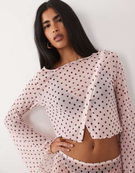 ASOS DESIGN printed mesh angel sleeve button up top in polka dots - part of a set - view 1