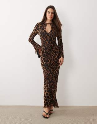 Asos Design Printed Mesh Asymmetric Angel Sleeve Maxi Dress In Brown