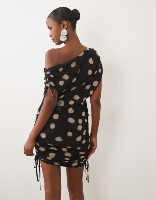 ASOS DESIGN printed mesh asymmetric ruched side detail mini dress in mono spot print, 4 of 4