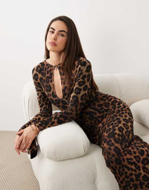 ASOS DESIGN printed mesh asymmetrical angel sleeve maxi dress in leopard, 2 of 4