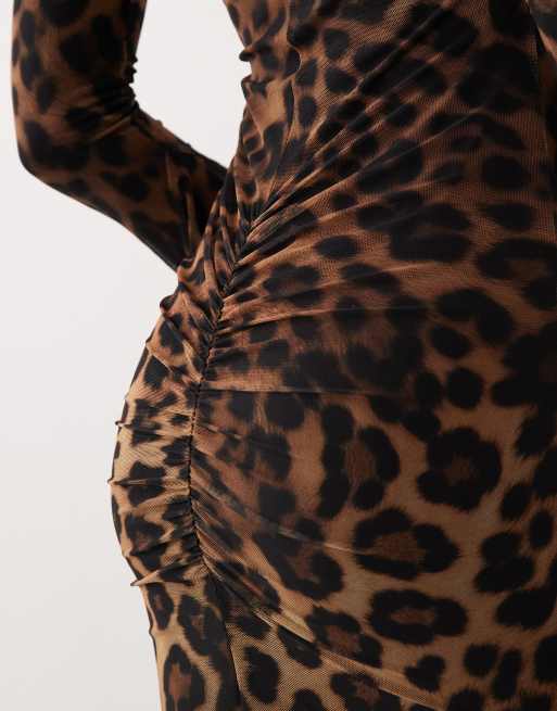ASOS DESIGN printed mesh asymmetrical angel sleeve maxi dress in leopard, 3 of 4